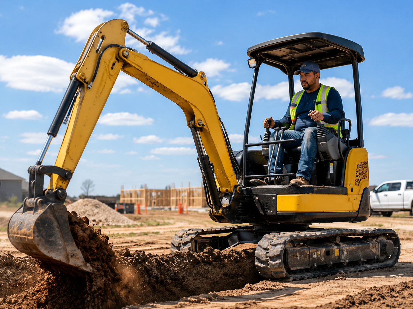 Trabajador latino operando maquinaria de construcción en una obra en Texas