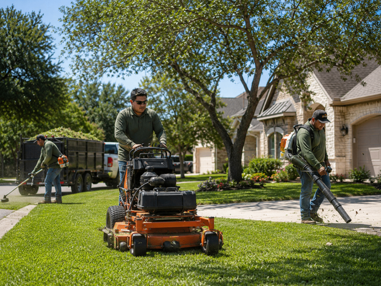 Equipo latino de landscaping trabajando con maquinaria en una casa