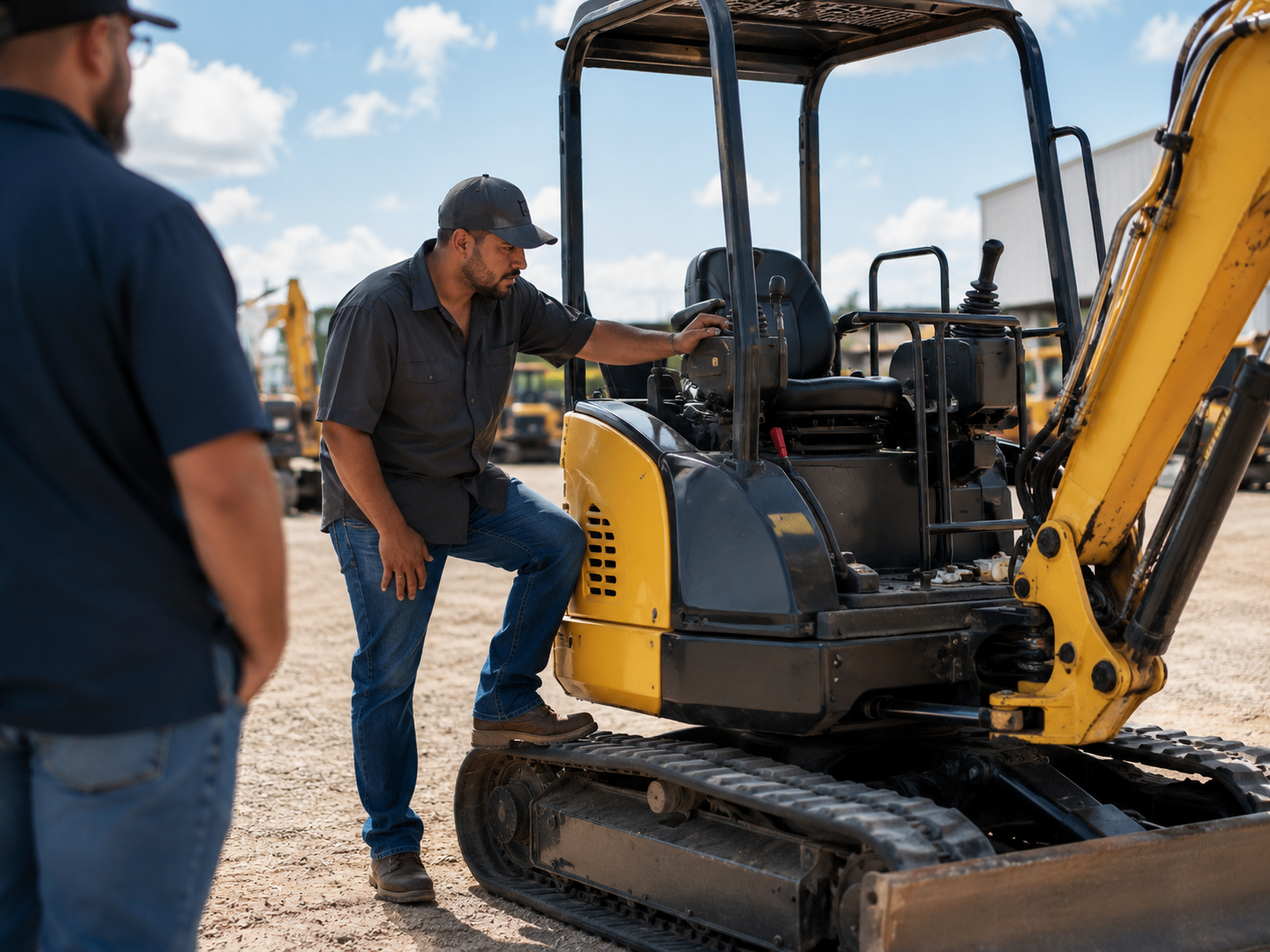 Cliente latino inspeccionando una mini excavadora antes de cerrar la compra