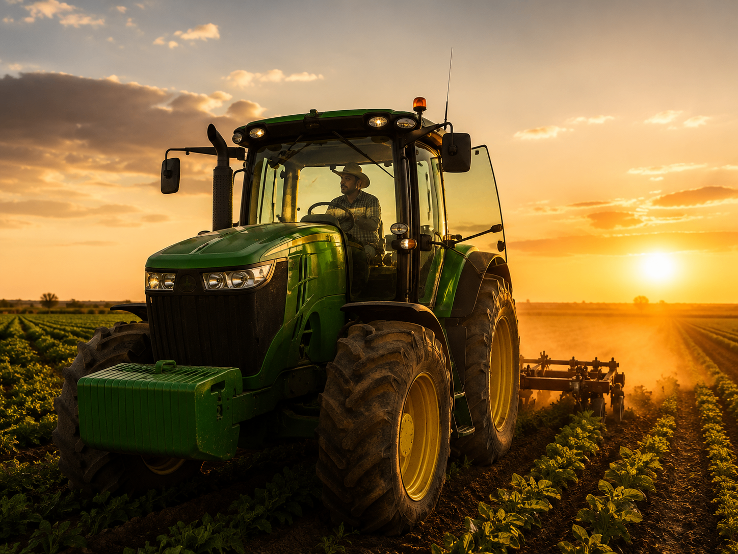 Trabajador latino manejando tractor agrícola al atardecer
