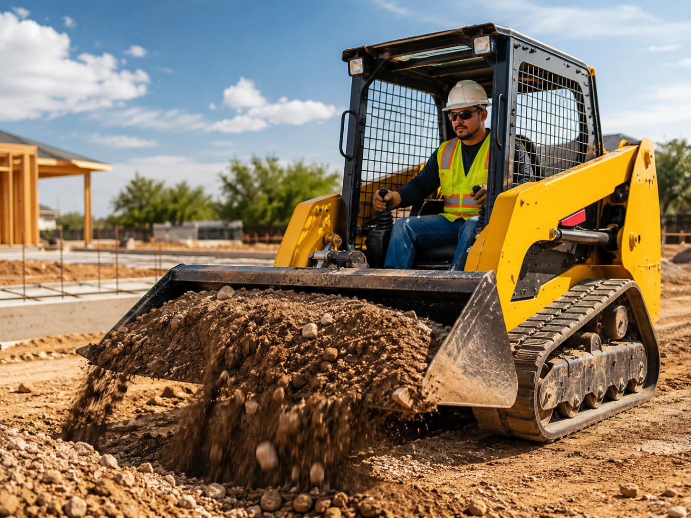 Operador latino trabajando con excavadora en una obra