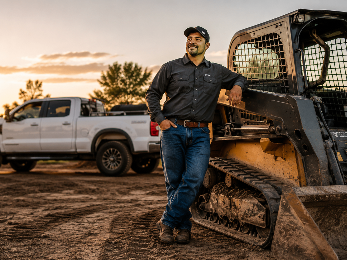 Dueño latino junto a su maquinaria y camioneta, representando el paso de trabajador a dueño