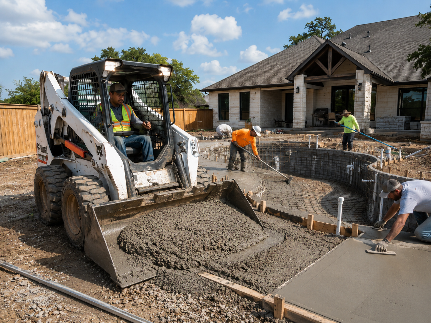 Cuadrilla latina vaciando concreto para una alberca residencial con skid steer Bobcat