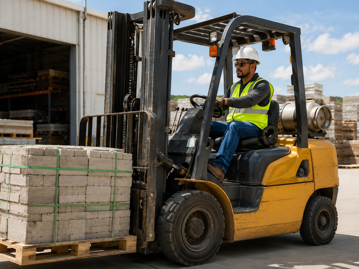 Trabajador latino operando un montacargas en un patio industrial